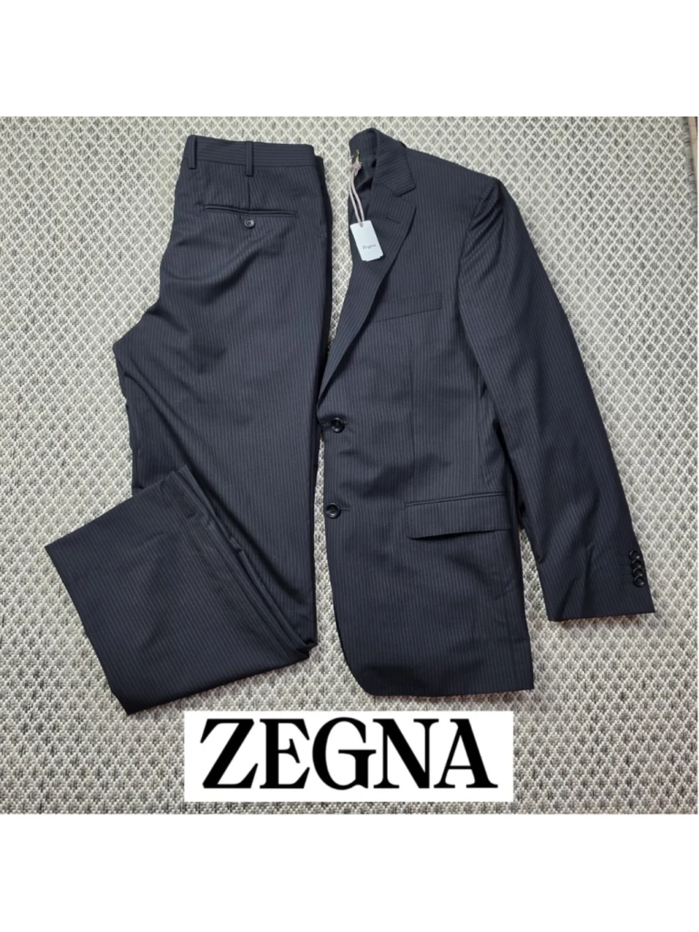 Z Zegna City Men’s 48R 100% Wool Pinstripe 2 Piece Suit Blazer Pants Navy